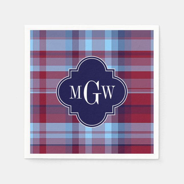 Sky Blue Navy Burgundy Preppy Madras Monogram Napkin (Front)