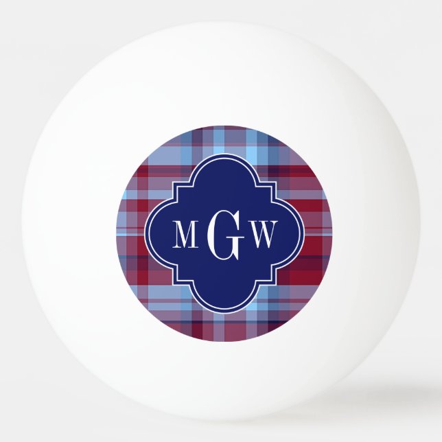 Sky Blue Navy Burgundy Preppy Madras Monogram Ping Pong Ball (Front)