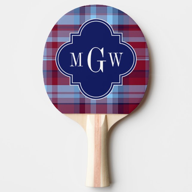 Sky Blue Navy Burgundy Preppy Madras Monogram Ping Pong Paddle (Front)
