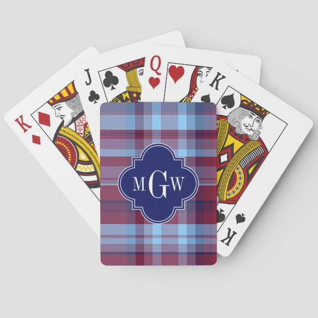 Sky Blue Navy Burgundy Preppy Madras Monogram Playing Cards (Back)