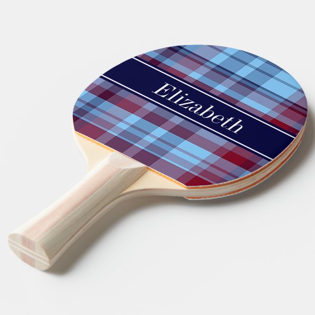 Sky Blue Navy Burgundy Preppy Madras N Monogram Ping Pong Paddle (Front Angle)