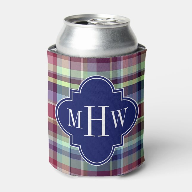 Sky Blue Navy Burgundy Wht Preppy Madras Monogram Can Cooler (Can Front)