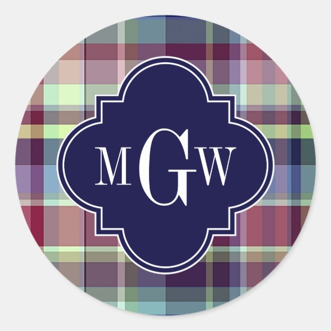 Sky Blue Navy Burgundy Wht Preppy Madras Monogram Classic Round Sticker (Front)