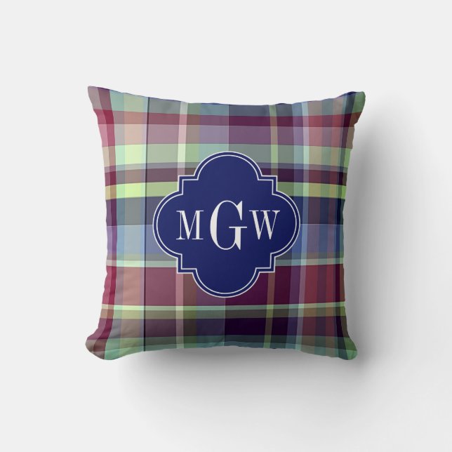 Sky Blue Navy Burgundy Wht Preppy Madras Monogram Cushion (Front)