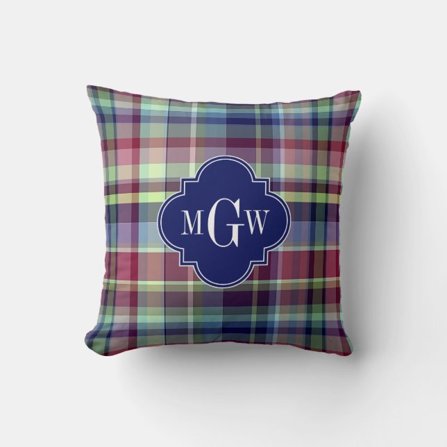 Sky Blue Navy Burgundy Wht Preppy Madras Monogram Cushion (Front)