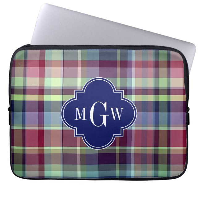 Sky Blue Navy Burgundy Wht Preppy Madras Monogram Laptop Sleeve (Front)
