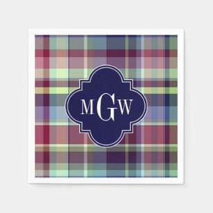 Sky Blue Navy Burgundy Wht Preppy Madras Monogram Napkin