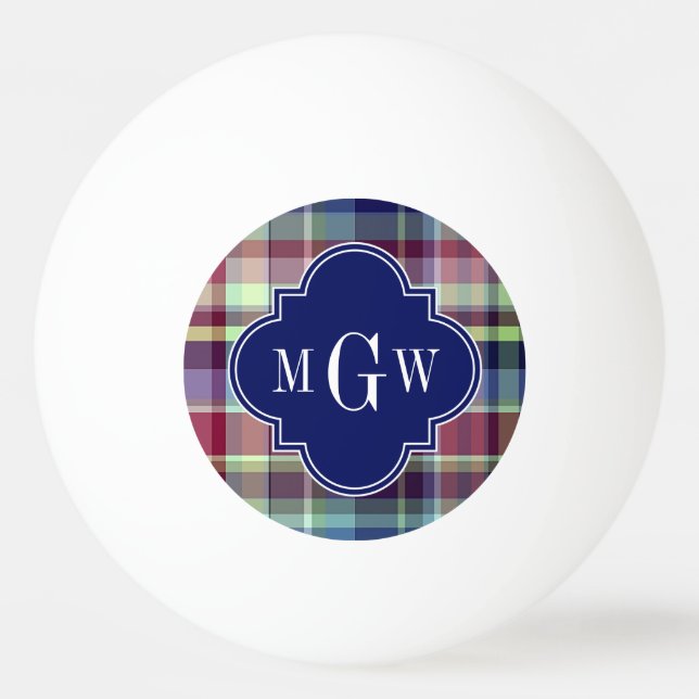 Sky Blue Navy Burgundy Wht Preppy Madras Monogram Ping Pong Ball (Front)