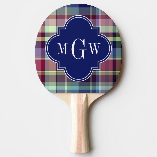 Sky Blue Navy Burgundy Wht Preppy Madras Monogram Ping Pong Paddle (Front)