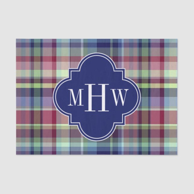 Sky Blue Navy Burgundy Wht Preppy Madras Monogram Tissue Paper (Front)