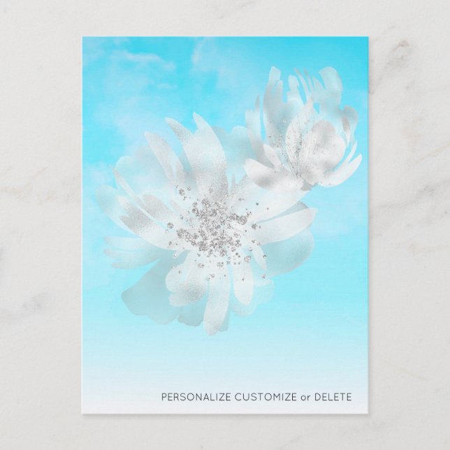 *~* Sky Blue Ombre Clouds Flowers Glitter Postcard (Front)