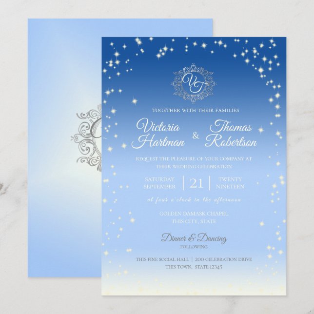 Sky Blue Ombre' Sparkle Wedding Invitation (Front/Back)