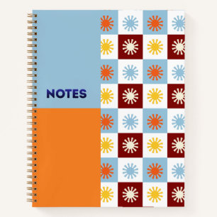 Sky Blue Orange Sunburst Chequerboard Notebook - L