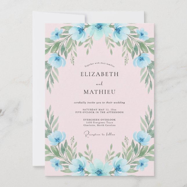 Sky Blue Painterly Bouquet Wedding Invitation (Front)