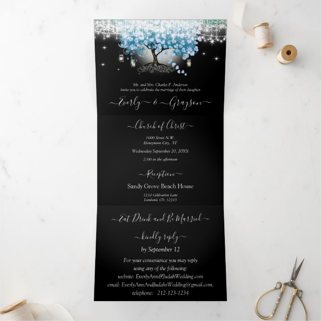 Sky Blue Pastel Heart Leaf Tree Wedding Tri-Fold Invitation (Inside)