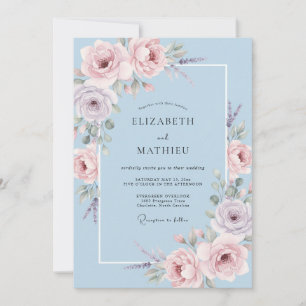 Sky Blue Pastel Watercolor Floral Wedding Invitation