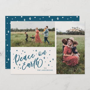 Sky Blue Peace Earth Lettering Christmas 2 Photo Holiday Card