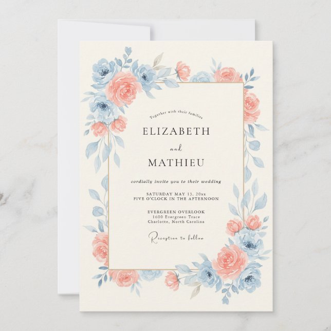 Sky Blue Peach Serene Spring Wedding Invitation (Front)