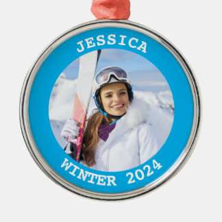 Sky Blue Personalised Round Family Photo Metal Tree Decoration