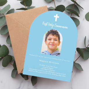 Sky blue photo arch boy First Holy Communion Invitation
