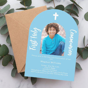 Sky blue photo arch boy First Holy Communion Invitation