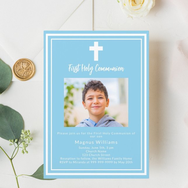 Sky blue photo boy First Holy Communion Invitation (Creator Uploaded)