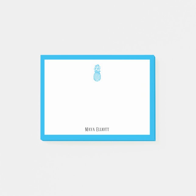 Sky Blue Pineapple and Border on White with Name Post-it Notes (Front)