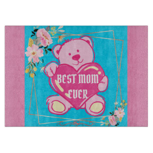 Sky Blue Pink Chic Teddy Bear Heart Floral Design Cutting Board