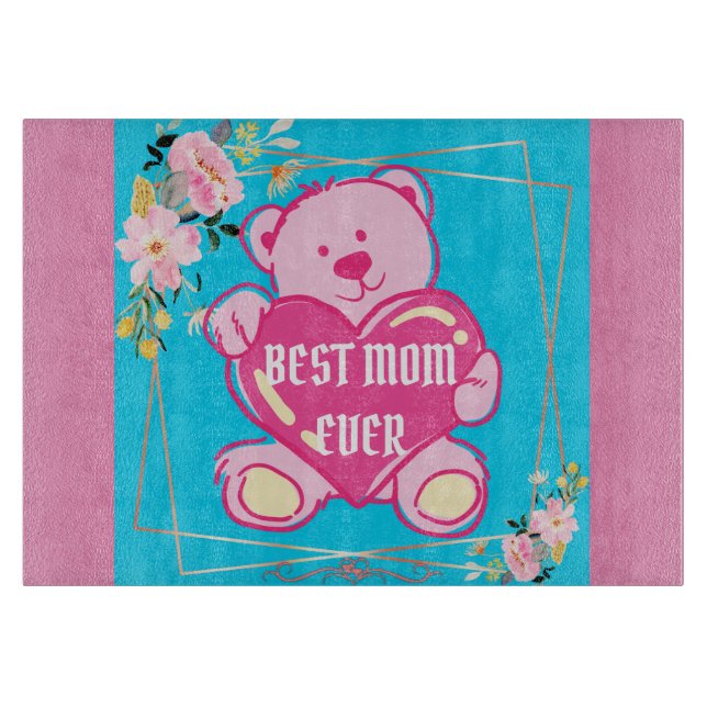 Sky Blue Pink Chic Teddy Bear Heart Floral Design Cutting Board (Front)