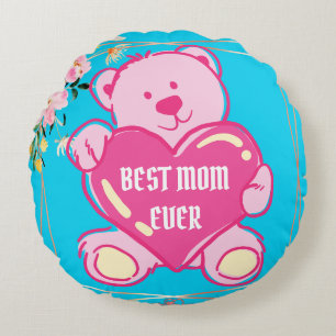 Sky Blue Pink Cute Teddy Bear Heart Floral Design Round Cushion