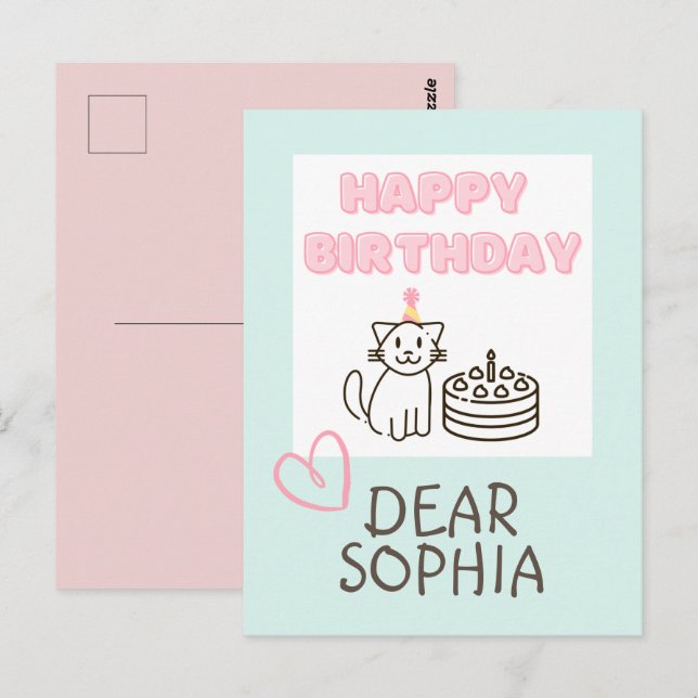 Sky blue&Pink Happy Birthday Cat Postcard (Front/Back)