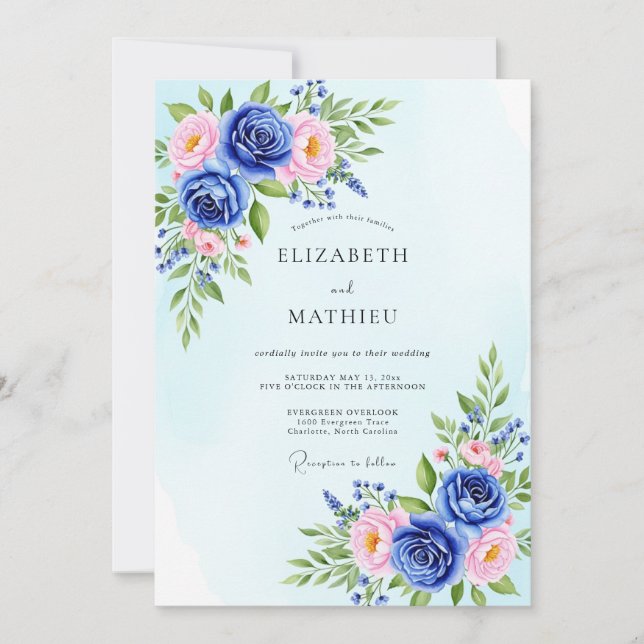 Sky Blue Polished Botanical Wedding Invitation (Front)