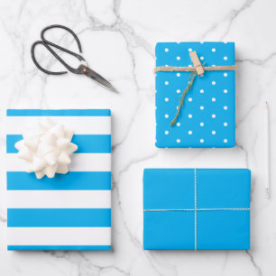 Sky Blue Polka Dot Wide Striped and Solid Wrapping Paper Sheet