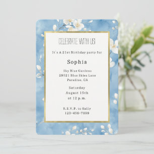 Sky Blue Pretty White Flowers Birthday Invitation