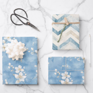 Sky Blue Pretty White Flowers Birthday Wrapping Paper Sheet