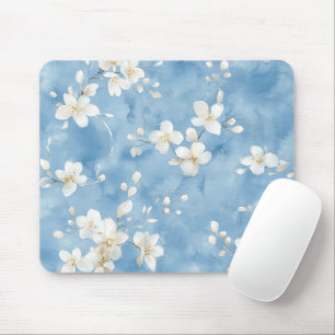 Sky Blue Pretty White Flowers Mouse Mat