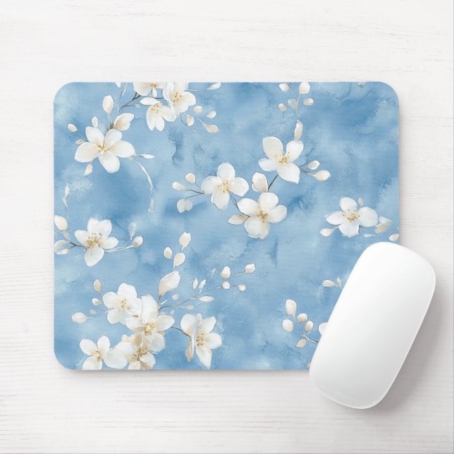 Sky Blue Pretty White Flowers  Mouse Mat (With Mouse)