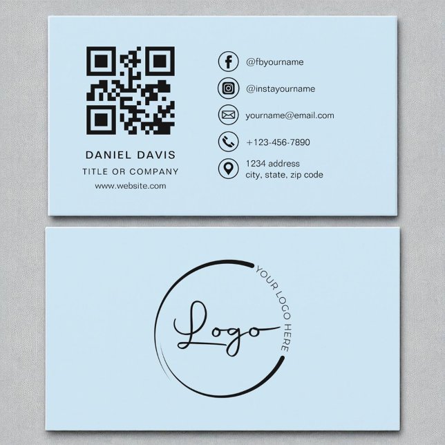 Sky Blue Professional Company Logo QR Code  Business Card (Creator Uploaded)
