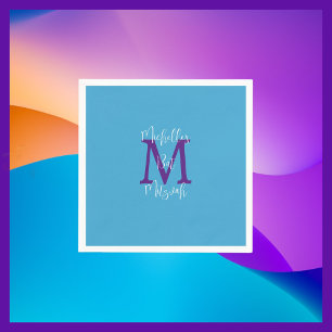 Sky Blue Purple White Bat Mitzvah Name Monogram  Napkin