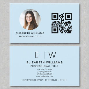 Sky Blue QR Code Photo Monogram Minimalist Business Card