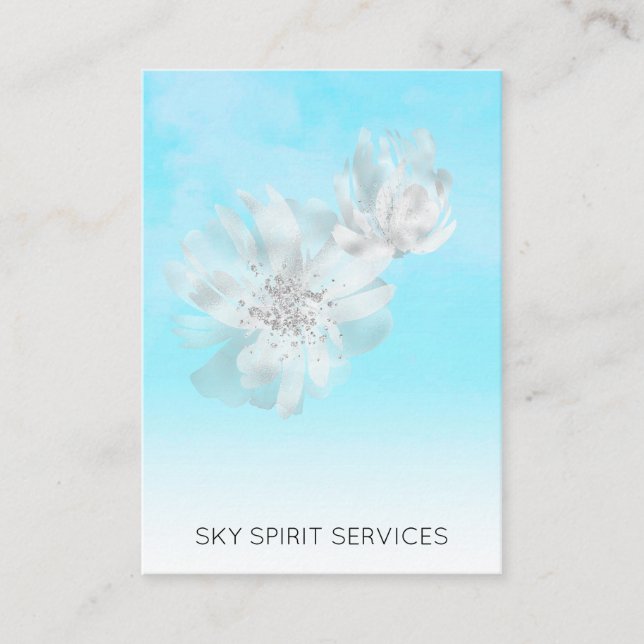 *~* Sky Blue  QR Flowers Glitter Shimmer  Business Card (Front)