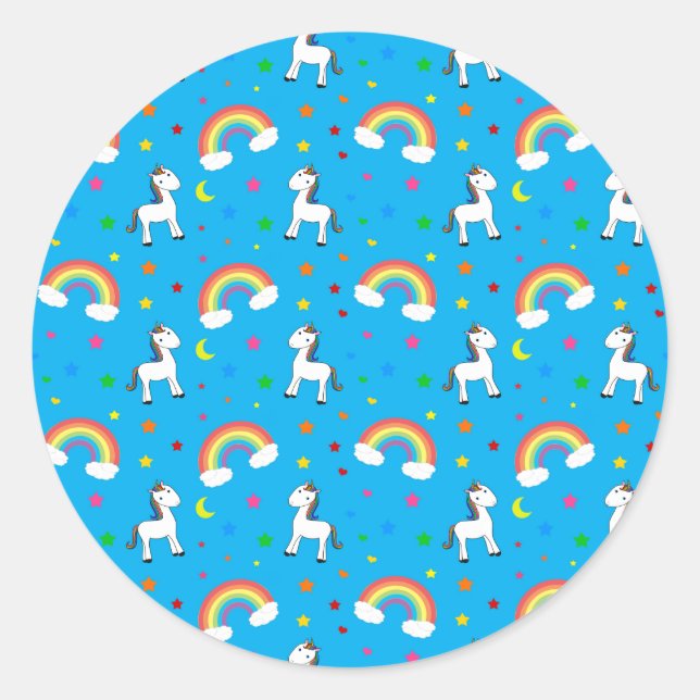 Sky blue rainbow unicorn hearts stars pattern classic round sticker (Front)