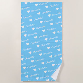 Sky Blue Repeating Name Script Heart Beach Towel