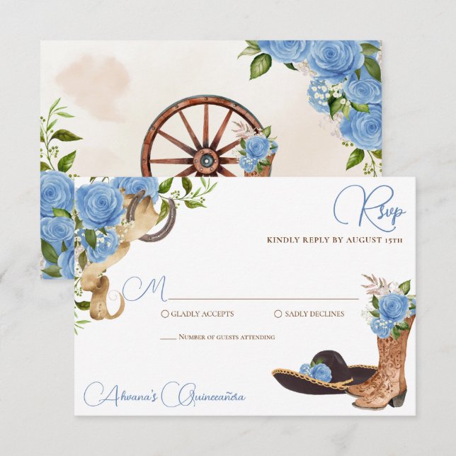Sky Blue Rose Charro Western Quinceanera RSVP Card (Front/Back)