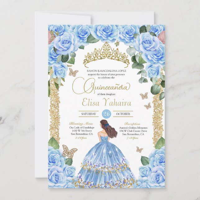 Sky Blue Rose Floral Gold Butterfly Quinceanera Invitation (Front)