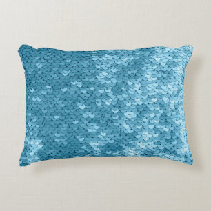 Sky blue shiny fabric with sequins, abstract backg decorative cushion