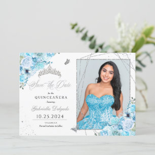 Sky Blue & Silver Quinceañera Save The Date Photo Invitation