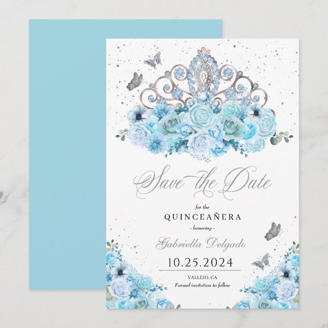 Sky Blue & Silver Tiara Save The Date Quinceañera Invitation (Front/Back)