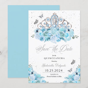 Sky Blue & Silver Tiara Save The Date Quinceañera Invitation
