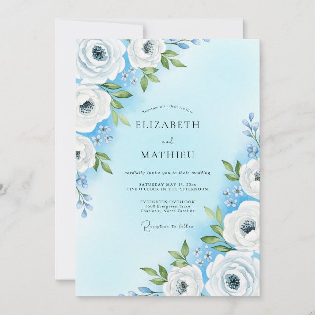 Sky Blue Soft Bloom Wedding Invitation (Front)